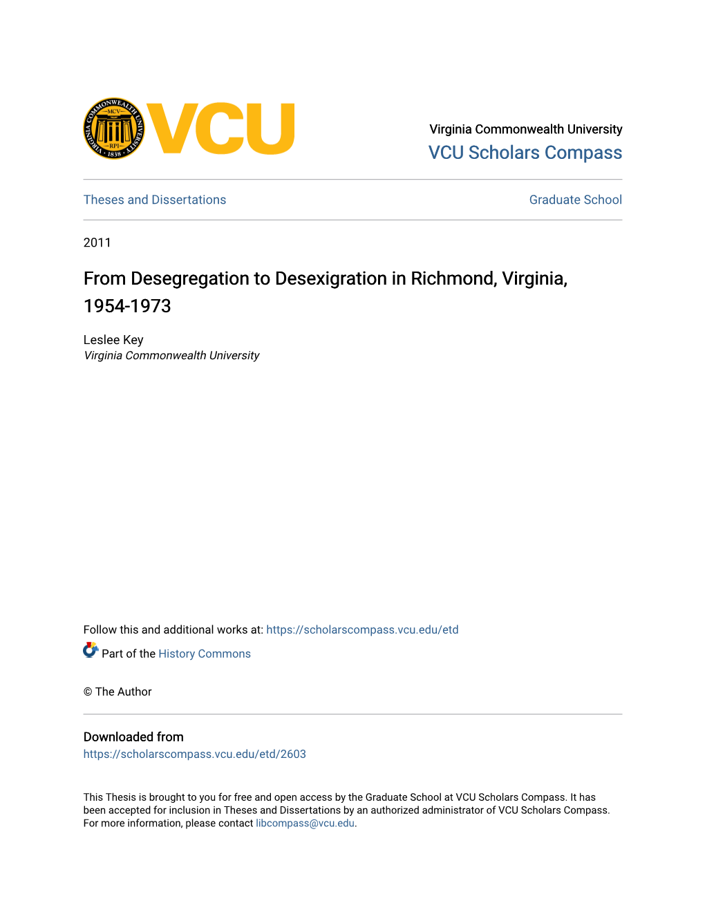 From Desegregation to Desexigration in Richmond, Virginia, 1954-1973