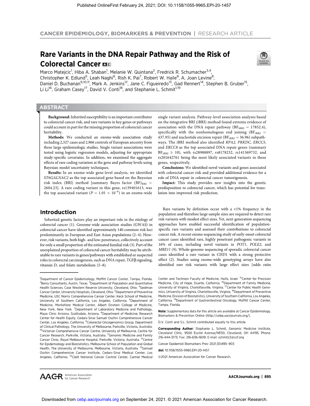 Rare Variants in the DNA Repair Pathway and the Risk of Colorectal Cancer a C Marco Matejcic1, Hiba A