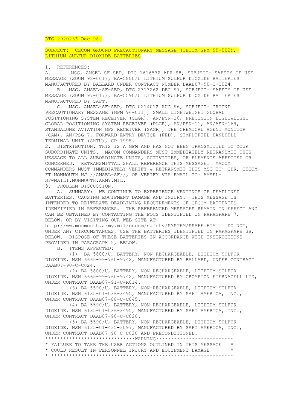 Subject: Cecom Ground Precautionary Message (Cecom Gpm 99-002), Lithium Sulfur Dioxide