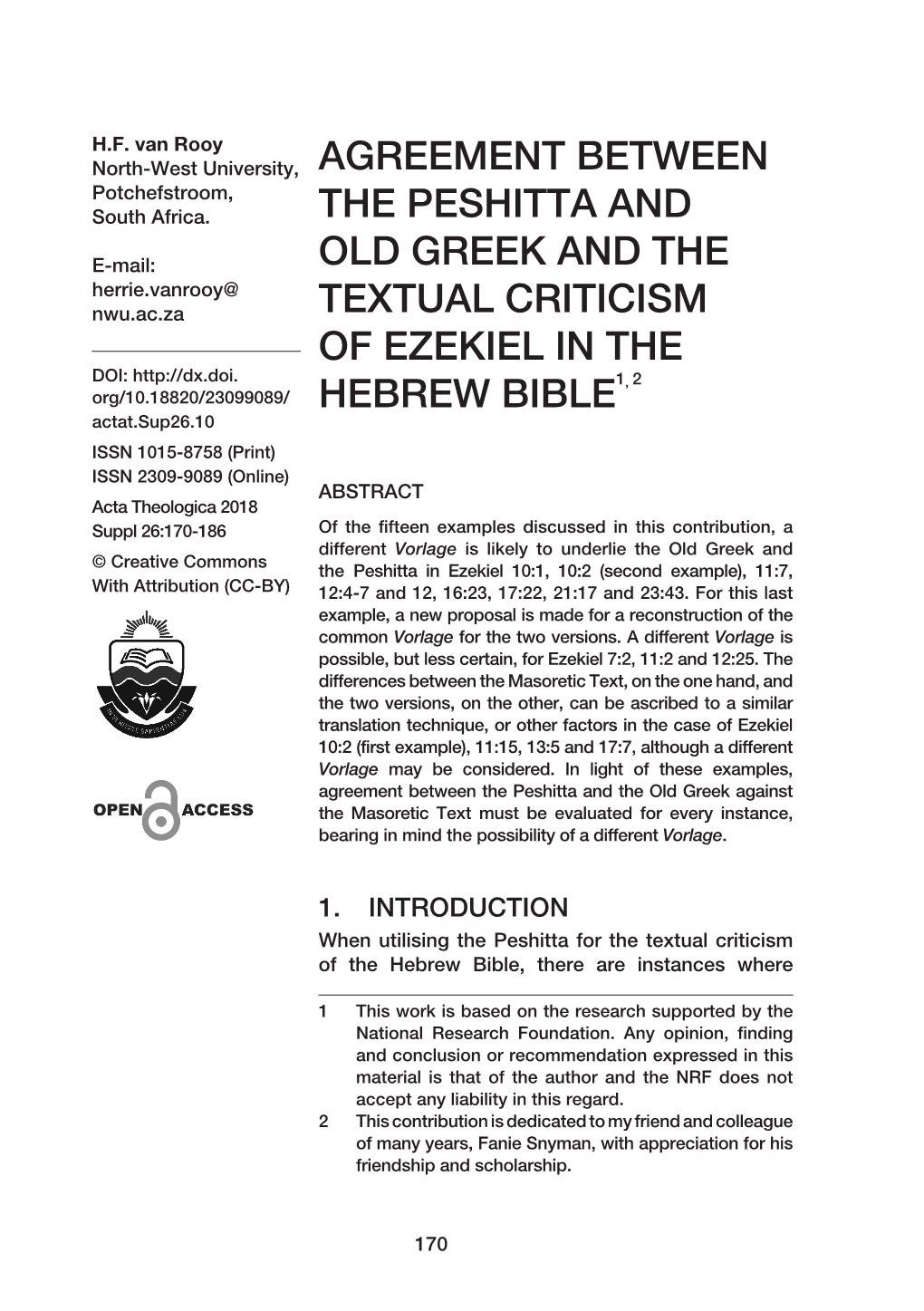 Agreement Between the Peshitta and Old Greek and the Textual Criticism of Ezekiel in the Hebrew Bible1, 2