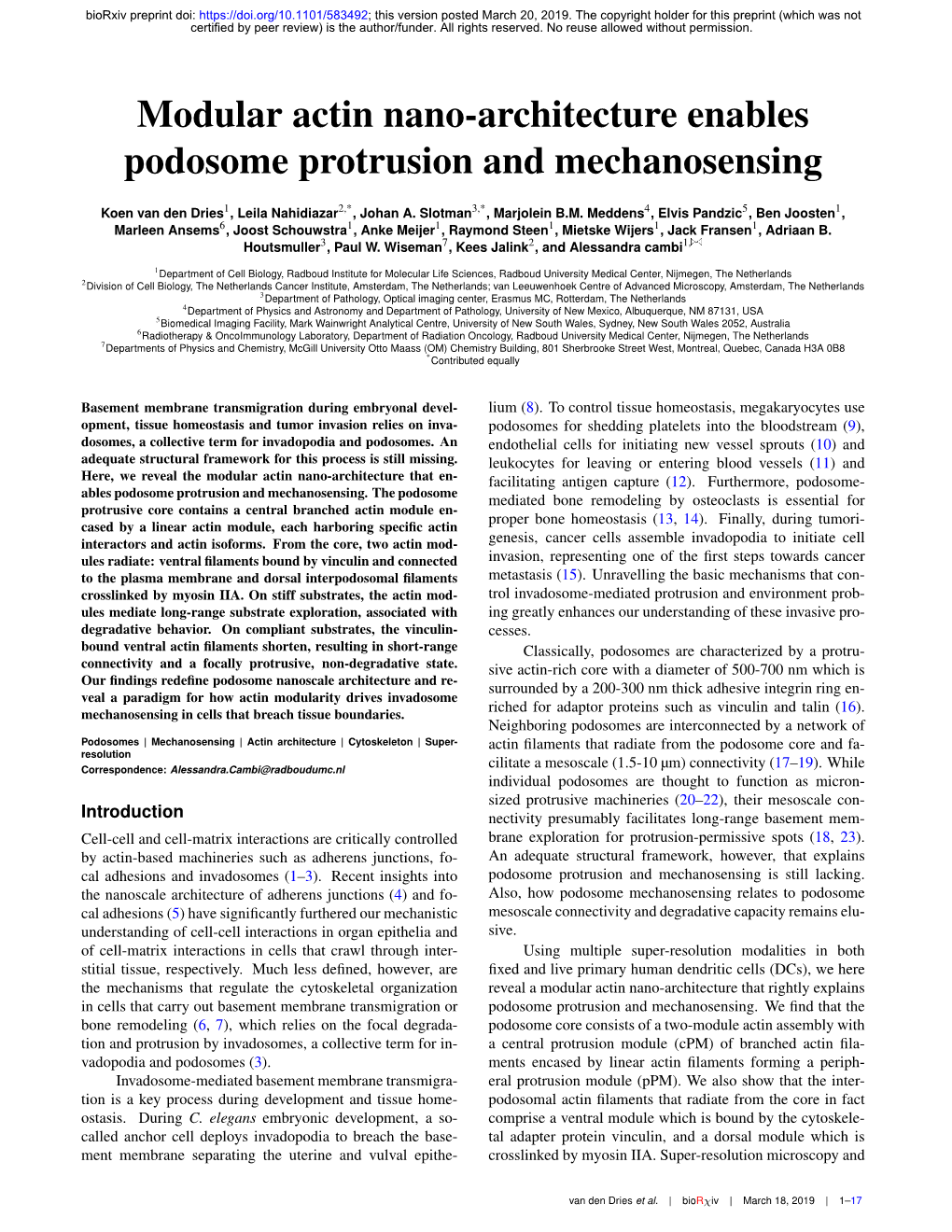 Modular Actin Nano-Architecture Enables Podosome Protrusion and Mechanosensing