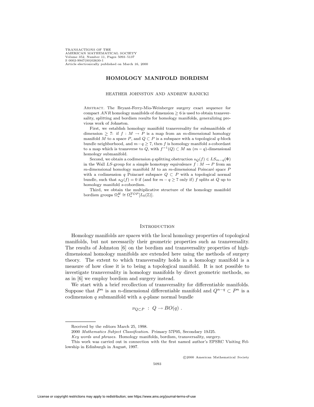 HOMOLOGY MANIFOLD BORDISM Introduction Homology Manifolds