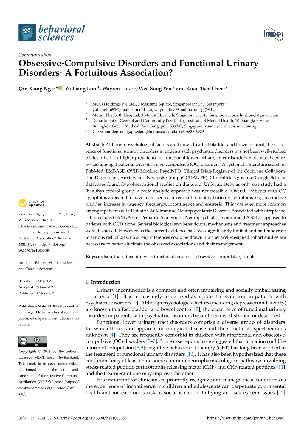 Obsessive-Compulsive Disorders and Functional Urinary Disorders: a Fortuitous Association?