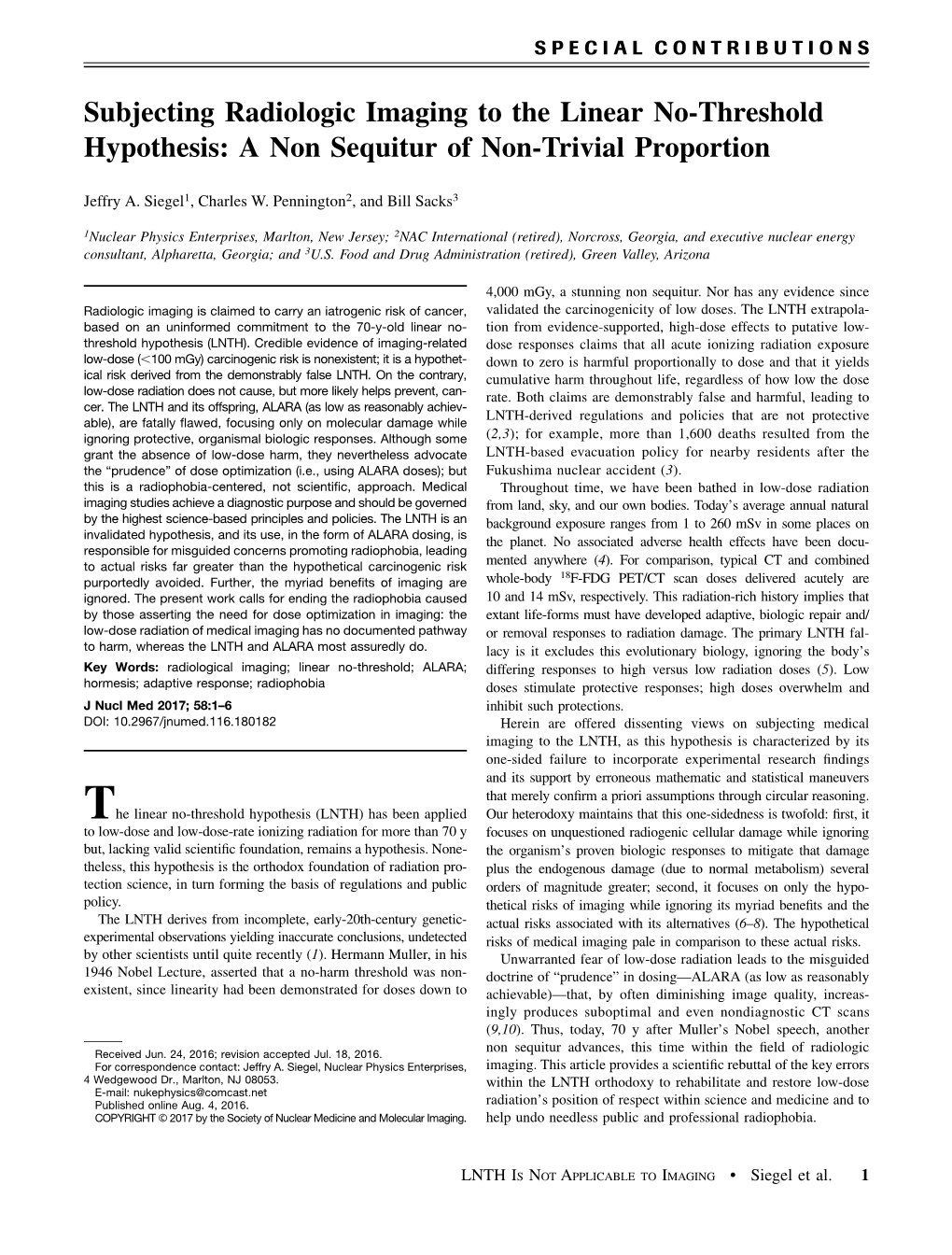 Subjecting Radiologic Imaging to the Linear No-Threshold Hypothesis: a Non Sequitur of Non-Trivial Proportion