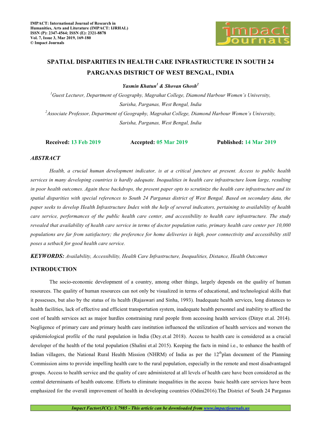 Spatial Disparities in Health Care Infrastructure in South 24 Parganas District of West Bengal, India