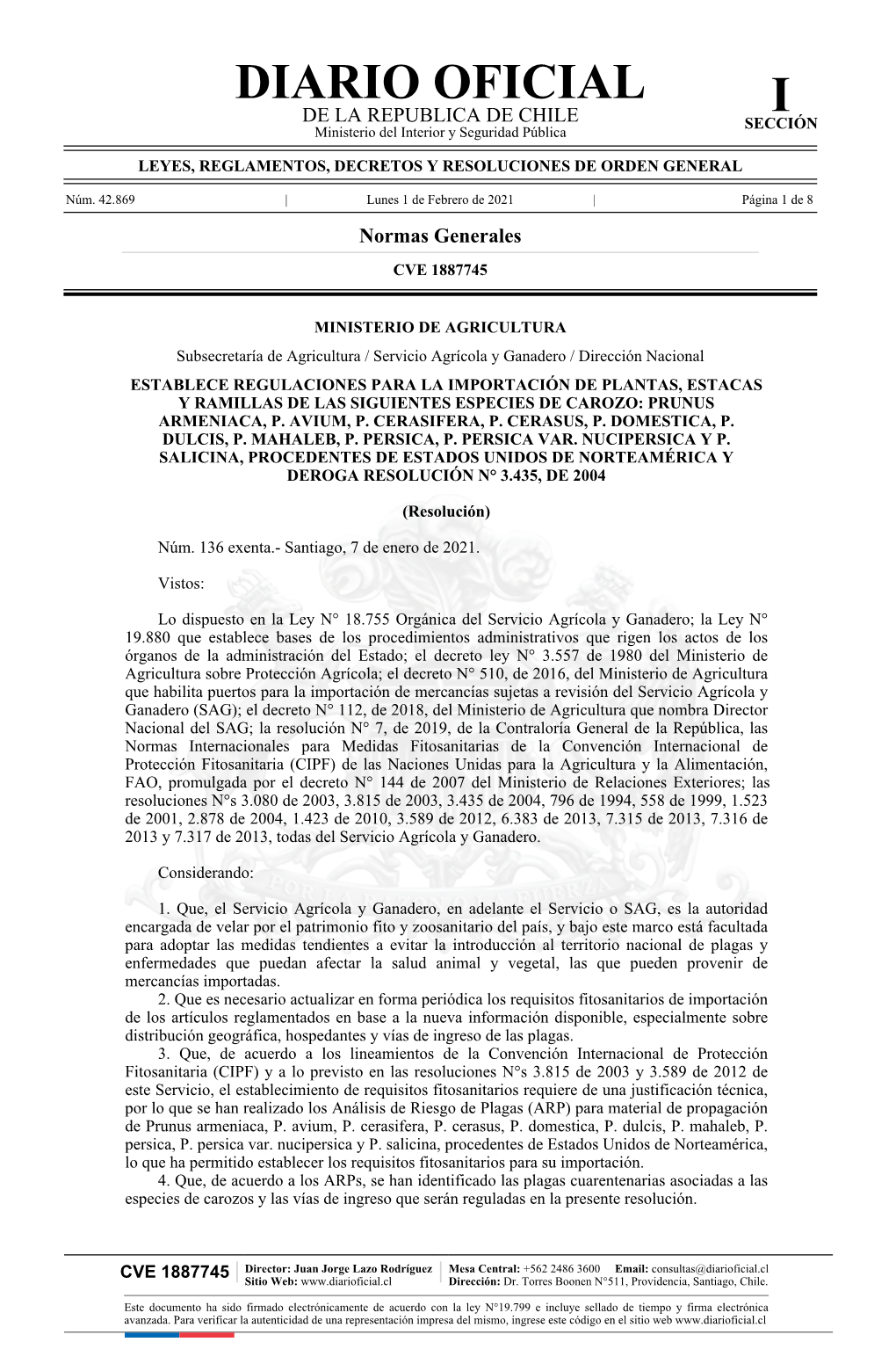 DIARIO OFICIAL I DE LA REPUBLICA DE CHILE SECCIÓN Ministerio Del Interior Y Seguridad Pública