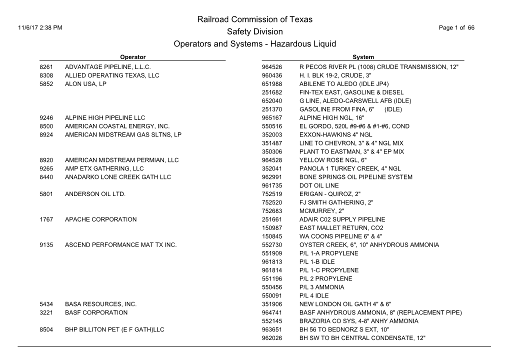 Railroad Commission of Texas Safety Division Operators and Systems