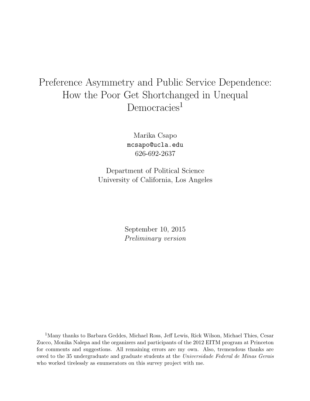 Preference Asymmetry and Public Service Dependence: How the Poor Get Shortchanged in Unequal Democracies1