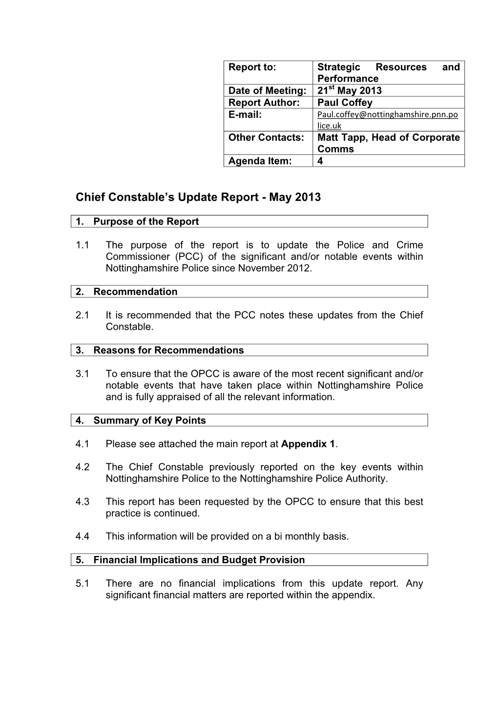 Chief Constable's Update Report