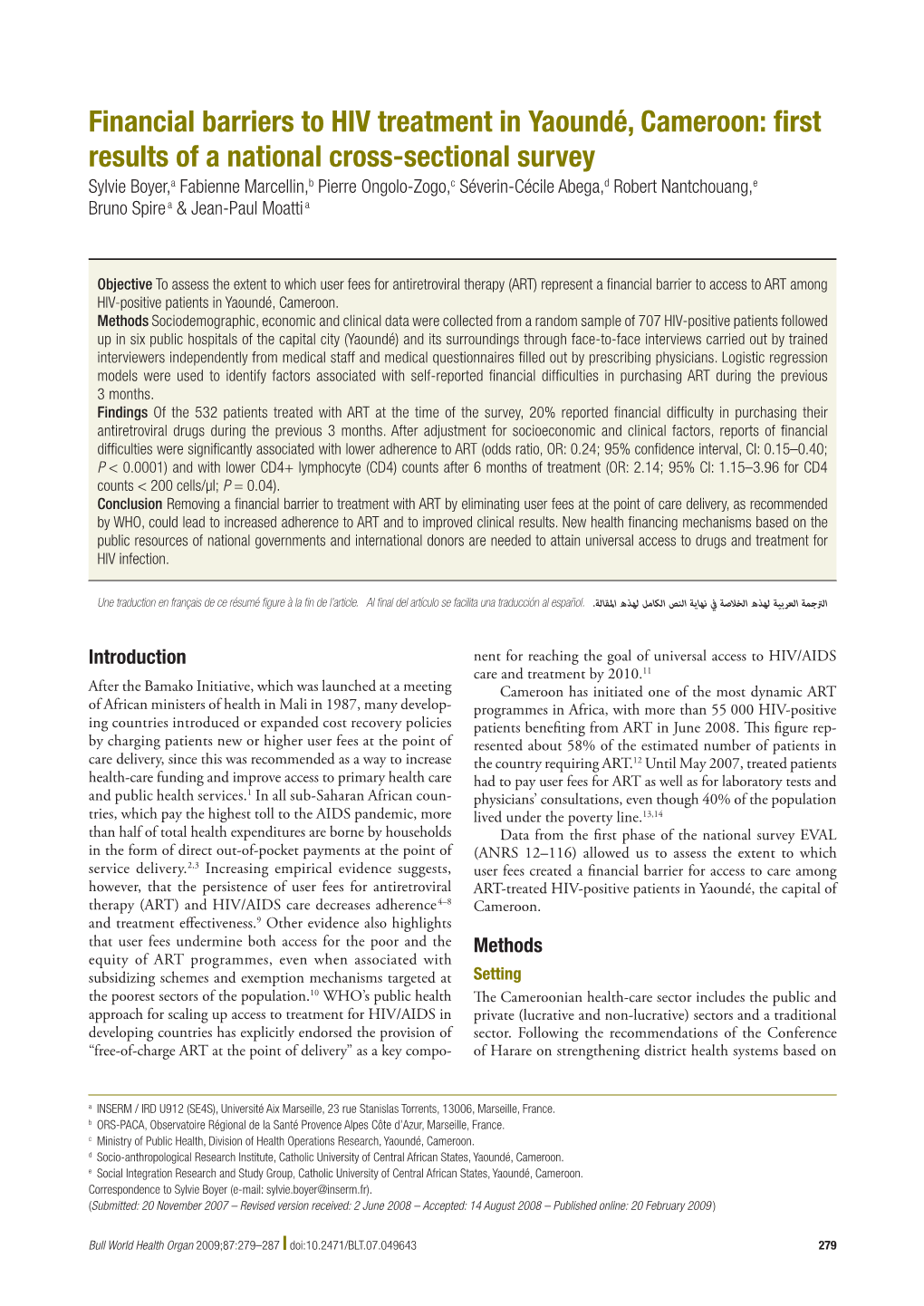 Financial Barriers to HIV Treatment in Yaoundé, Cameroon: First Results Of