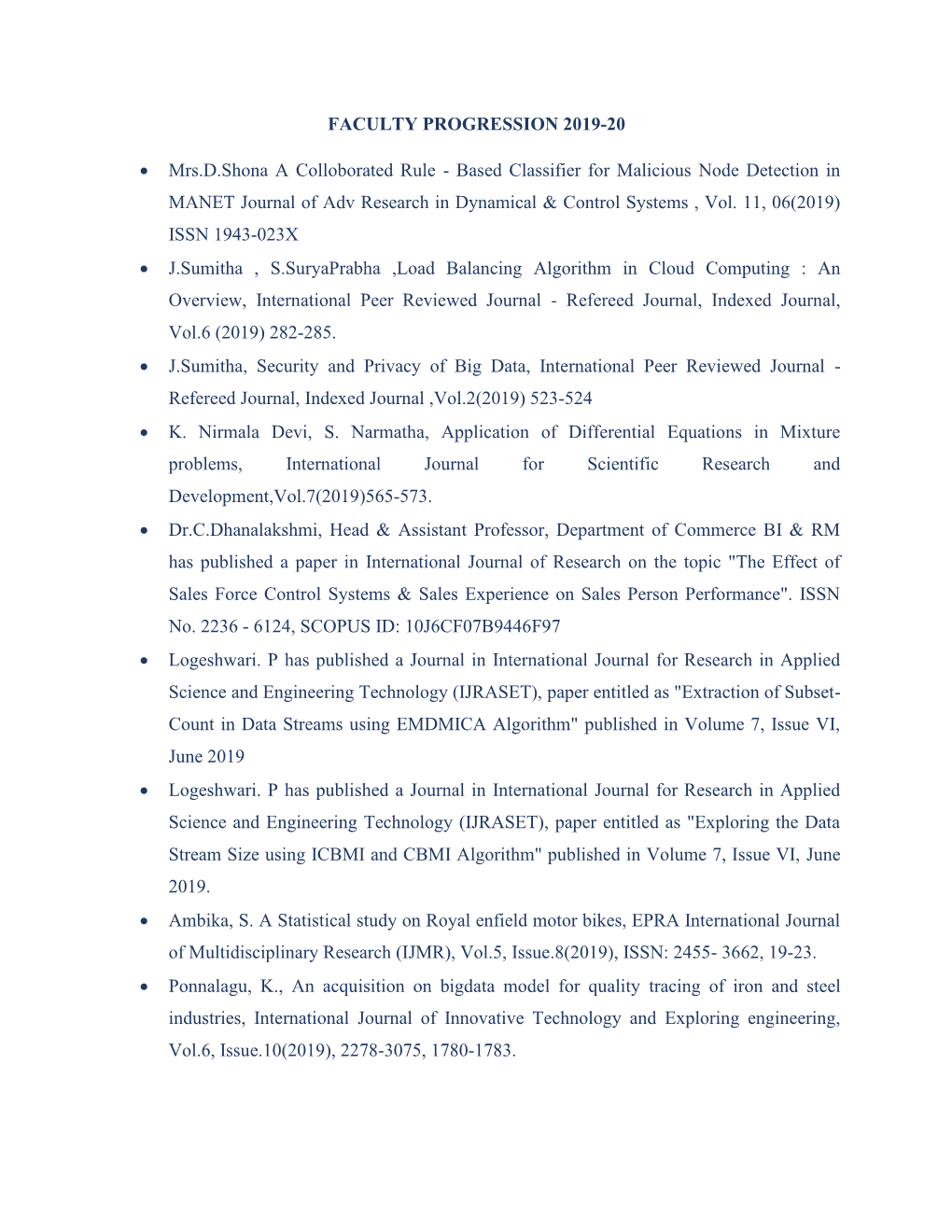 FACULTY PROGRESSION 2019-20 • Mrs.D.Shona a Colloborated Rule