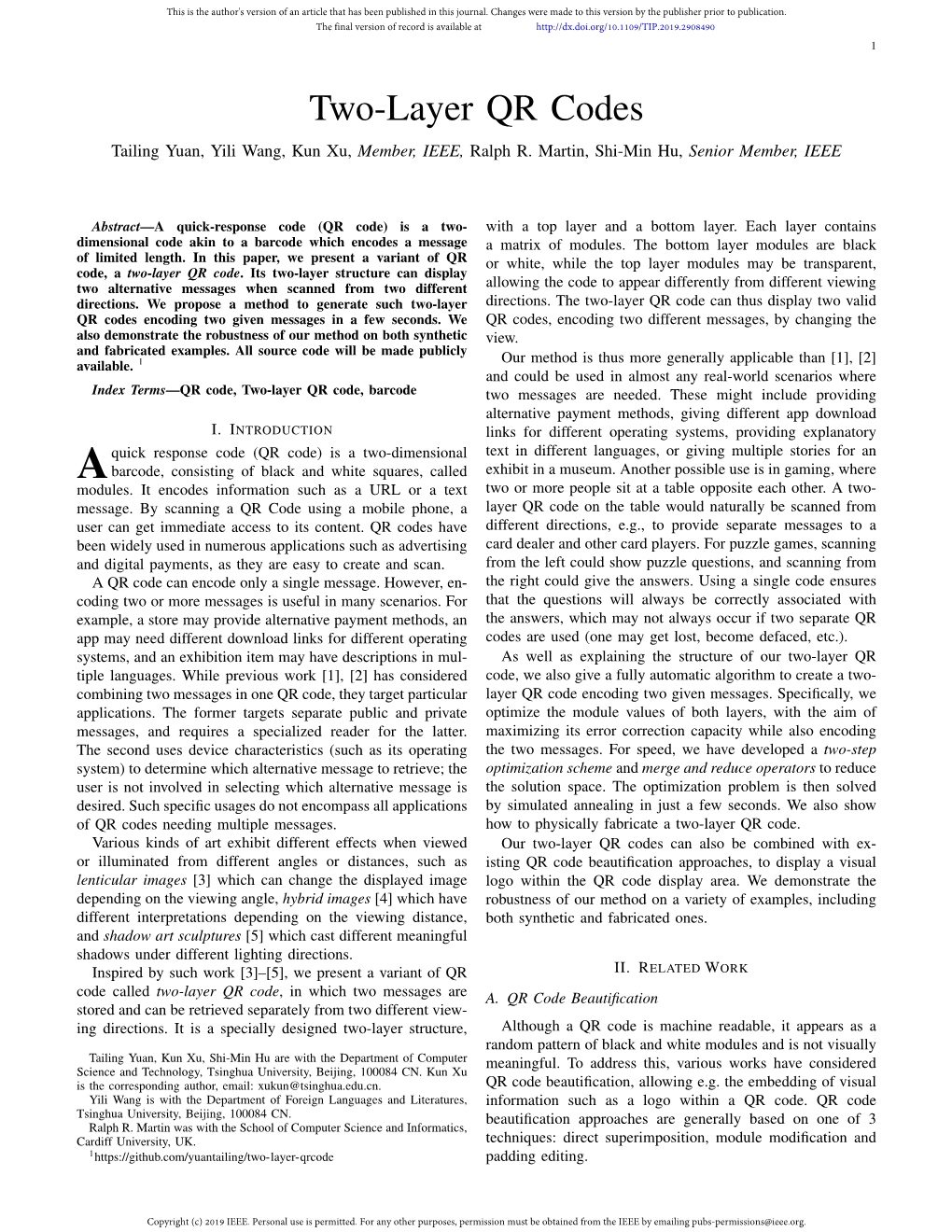 Two-Layer QR Codes Tailing Yuan, Yili Wang, Kun Xu, Member, IEEE, Ralph R