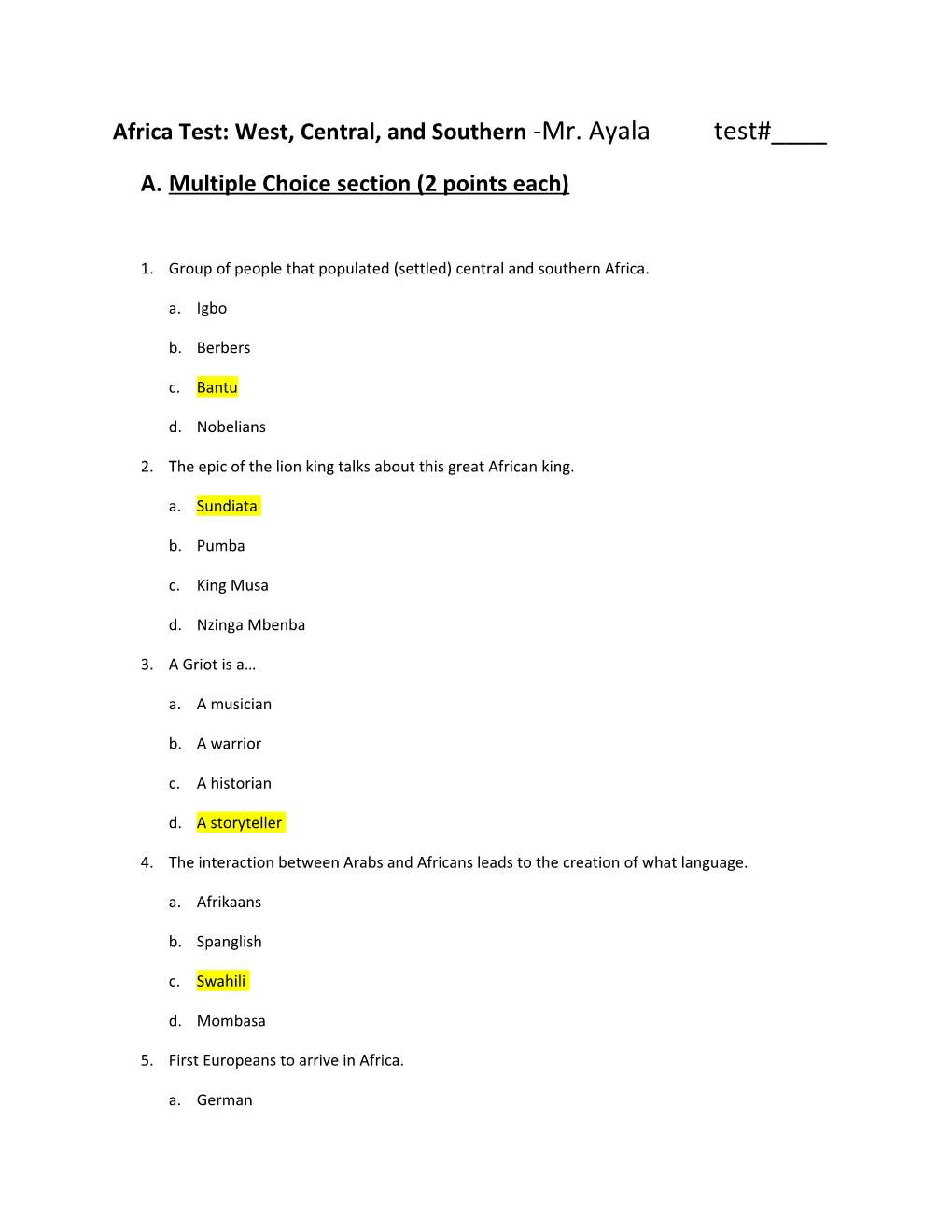 A. Multiple Choice Section (2 Points Each)