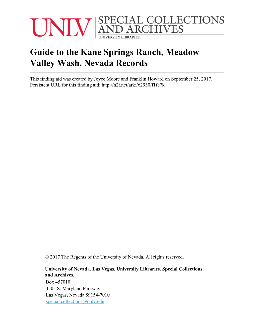 Guide to the Kane Springs Ranch, Meadow Valley Wash, Nevada Records