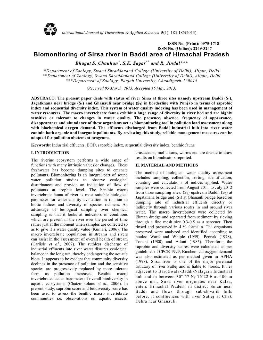 Biomonitoring of Sirsa River in Baddi Area of Himachal Pradesh