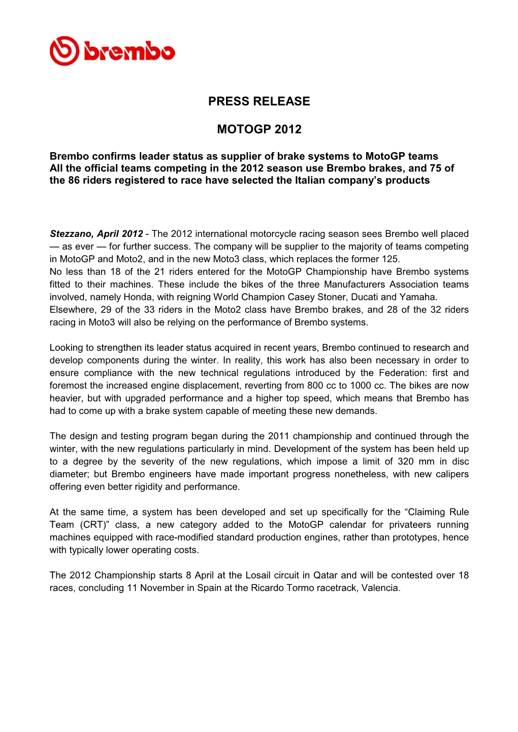Press Release Motogp 2012