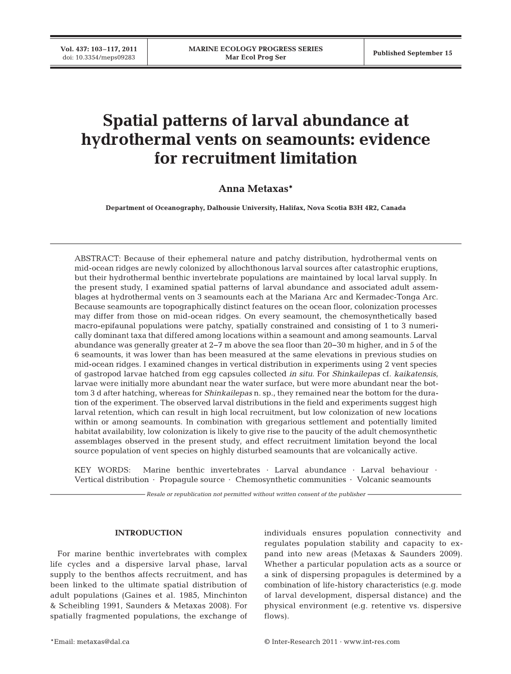 Spatial Patterns of Larval Abundance at Hydrothermal Vents on Seamounts: Evidence for Recruitment Limitation