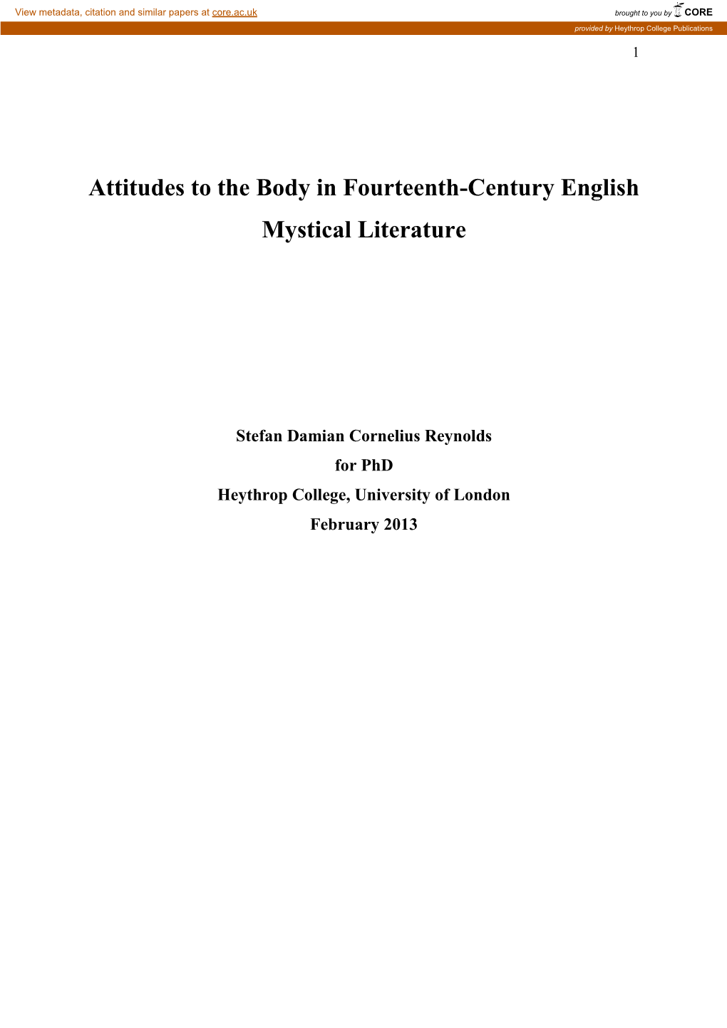 Attitudes to the Body in Fourteenth Century English Mystical Literature’, STRCS, Pp