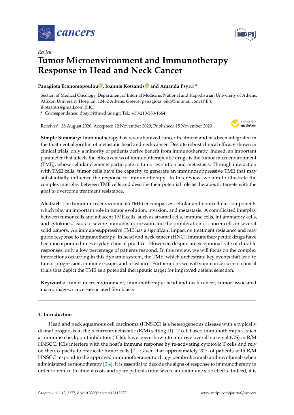 Tumor Microenvironment and Immunotherapy Response in Head and Neck Cancer