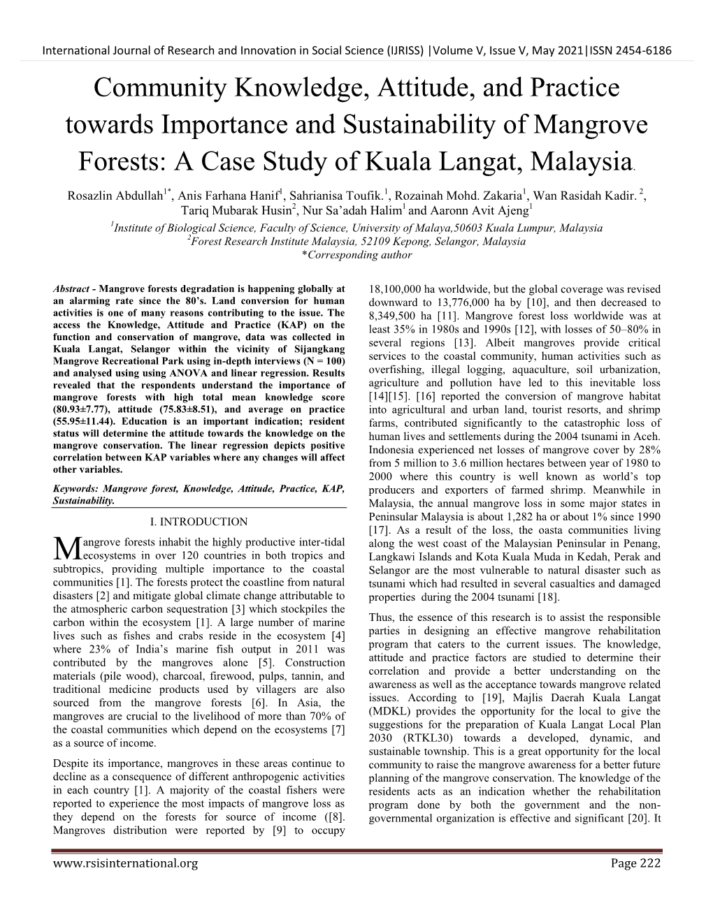 Community Knowledge, Attitude, and Practice Towards Importance and Sustainability of Mangrove