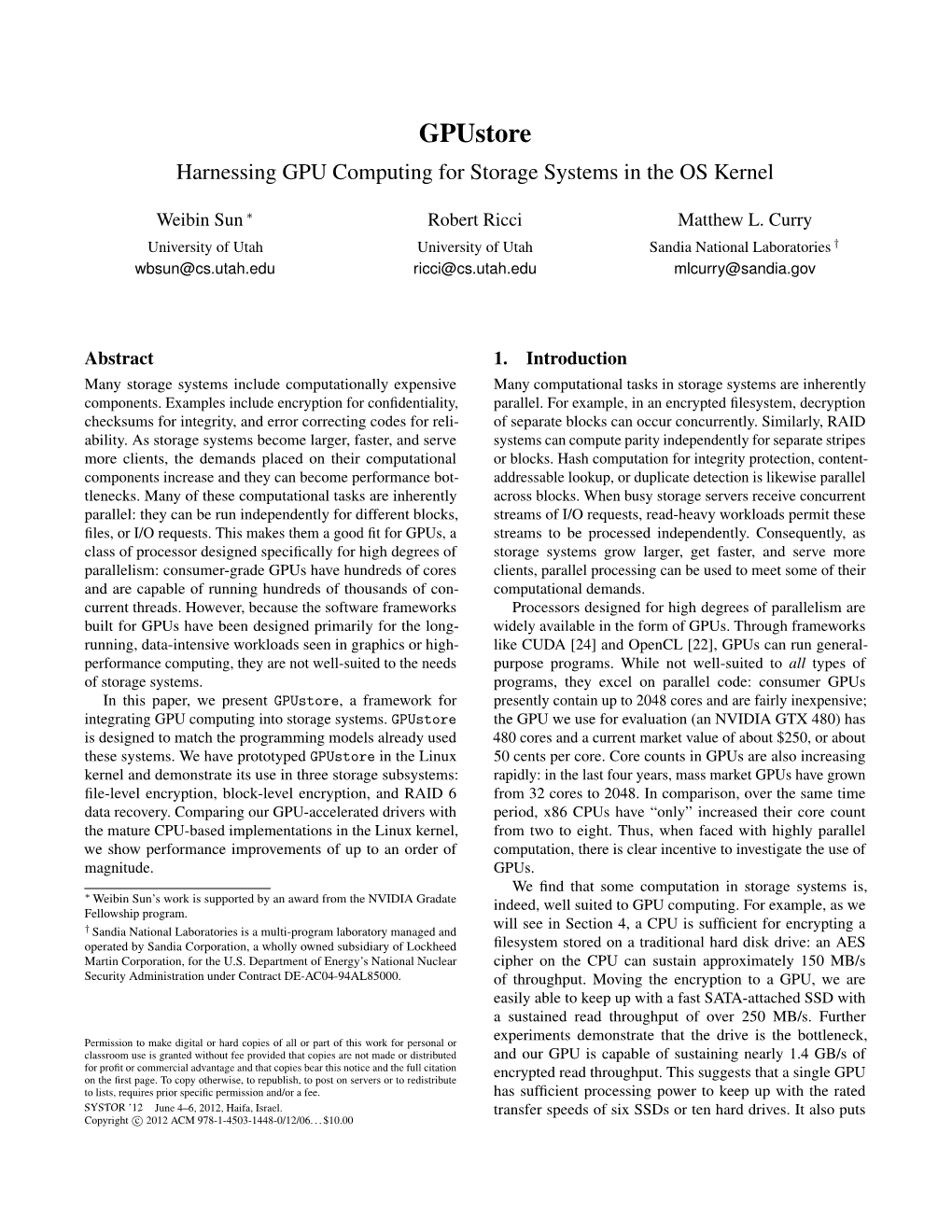 Gpustore Harnessing GPU Computing for Storage Systems in the OS Kernel