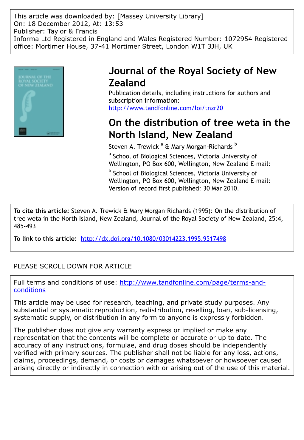 On the Distribution of Tree Weta in the North Island, New Zealand a B Steven A