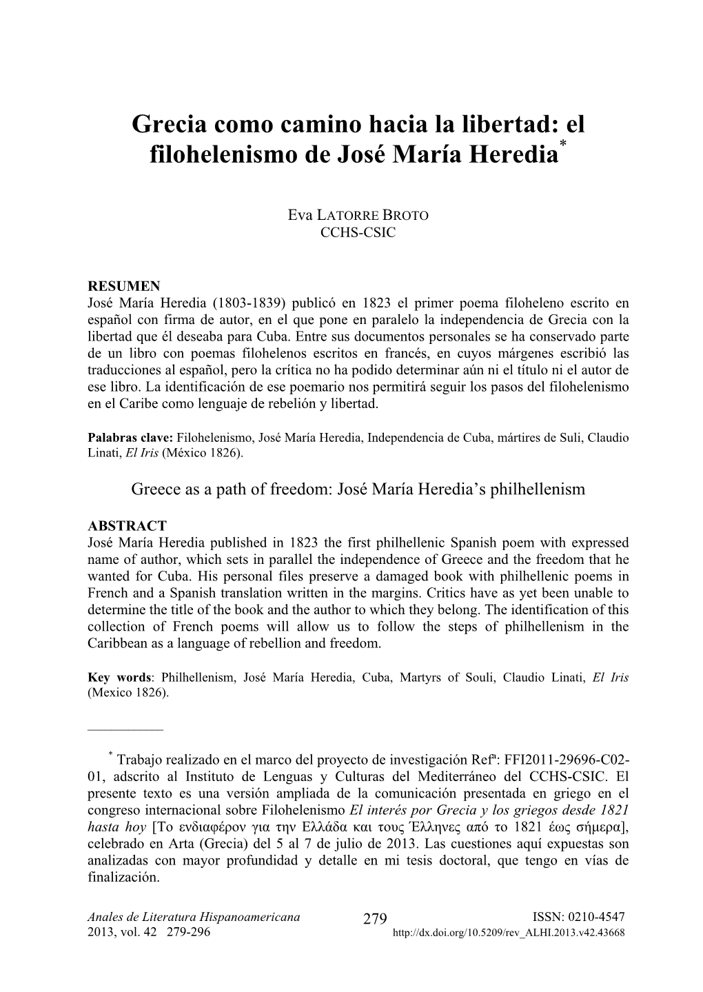 El Filohelenismo De José María Heredia*