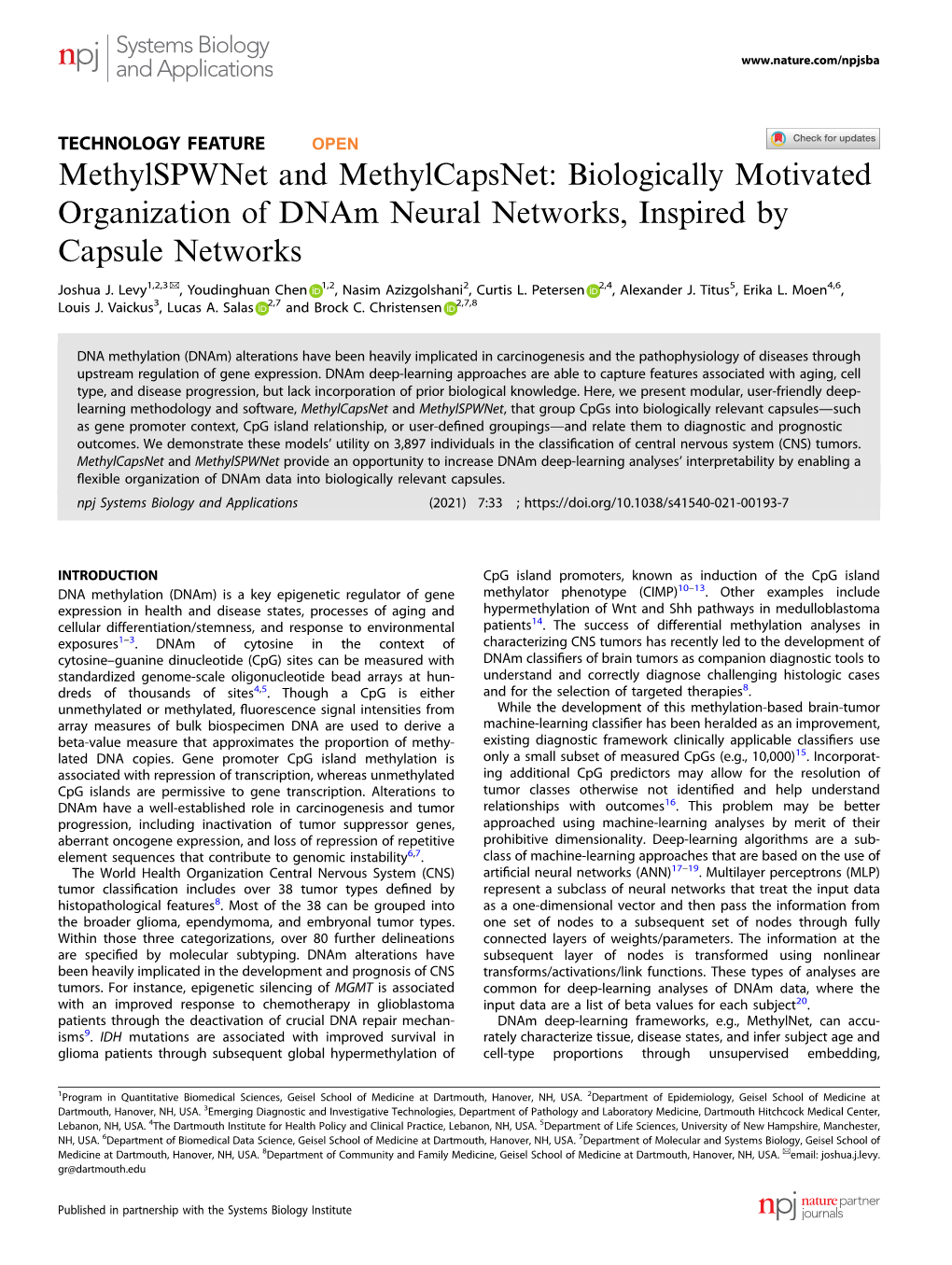 Methylspwnet and Methylcapsnet: Biologically Motivated Organization of Dnam Neural Networks, Inspired by Capsule Networks ✉ Joshua J