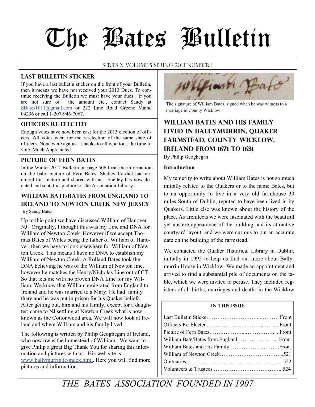 THE BATES ASSOCIATION FOUNDED in 1907 the Bates Bulletin Page 514 Area and a Collection of Records of Meetings of Quakers