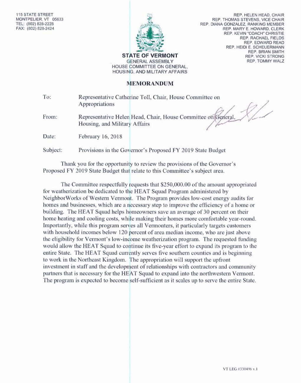 MEMORANDUM To: Representative Catherine Toll, Chair, House