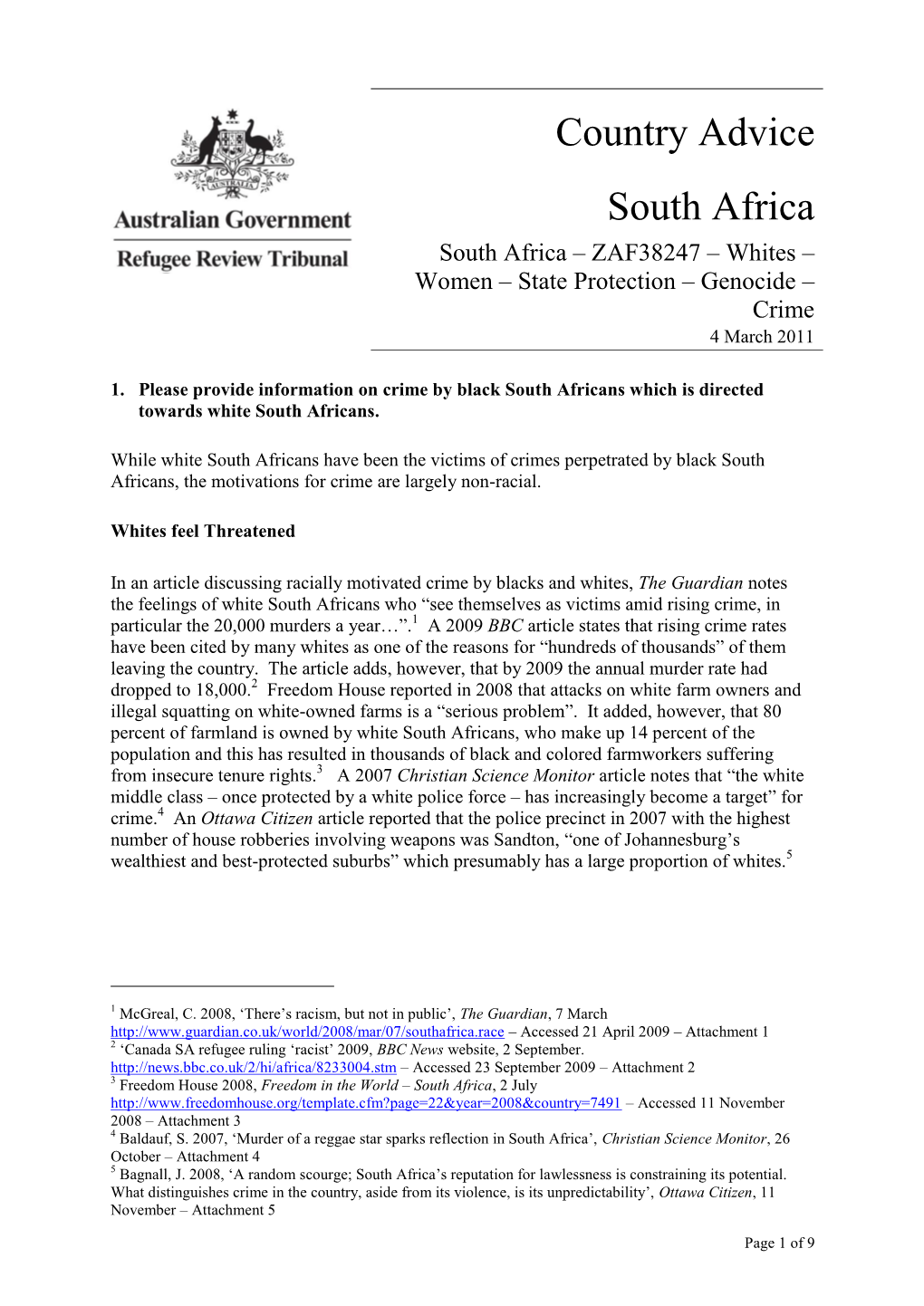 Country Advice South Africa South Africa – ZAF38247 – Whites –