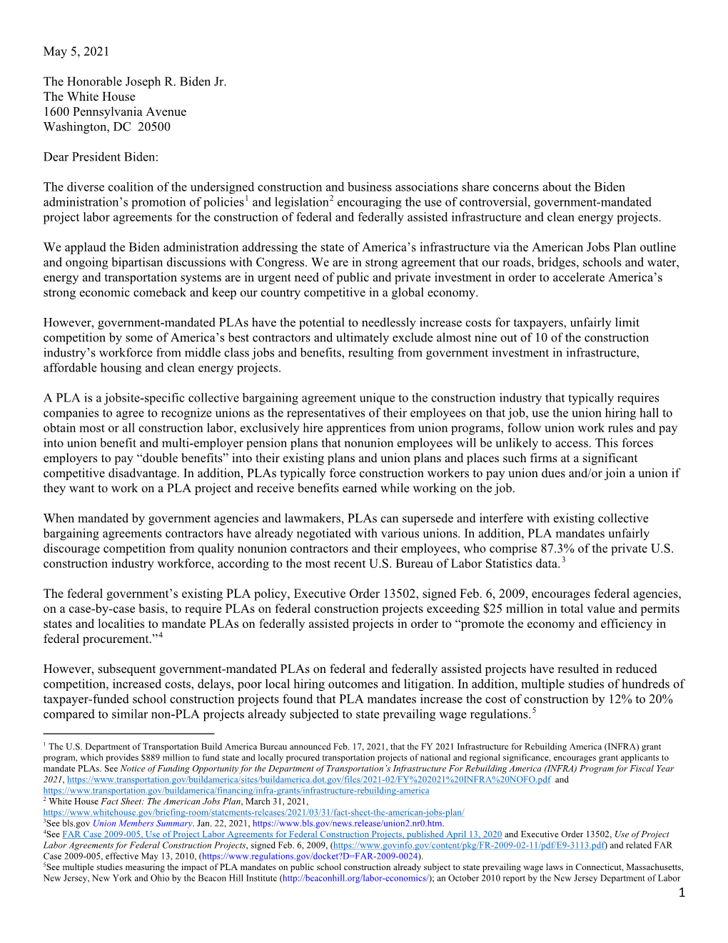 Coalition Letter to President Biden on Government-Mandated Project Labor Agreement Policy, 5/5/21