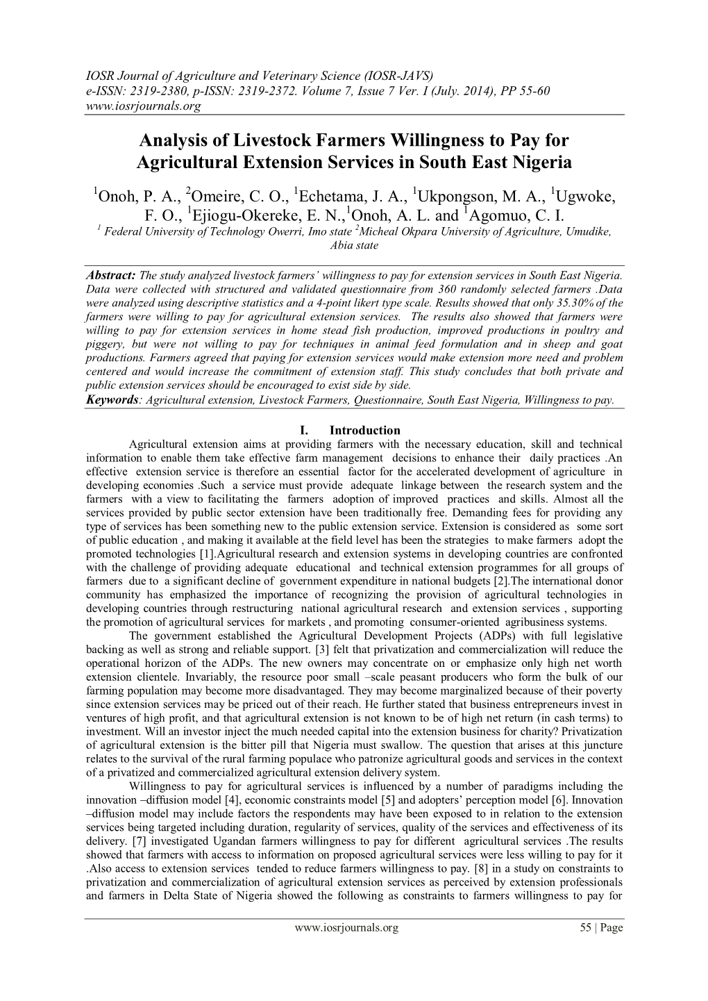 Analysis of Livestock Farmers Willingness to Pay for Agricultural Extension Services in South East Nigeria