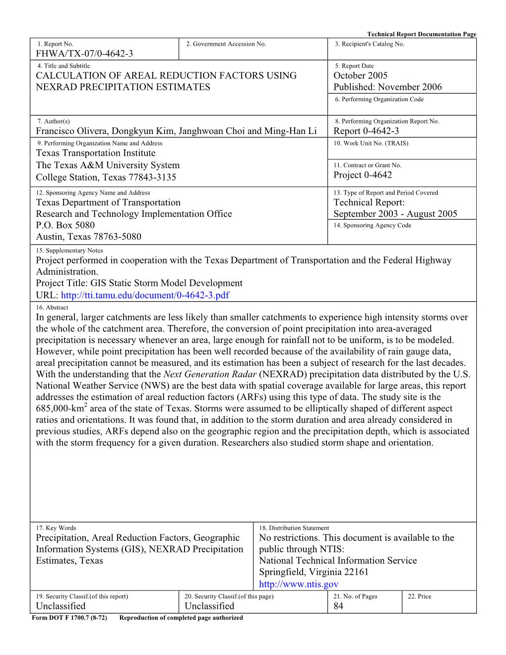 Calculation of Areal Reduction Factors Using Nexrad Precipitation Estimates