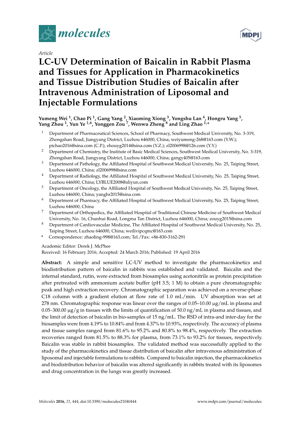 LC-UV Determination of Baicalin in Rabbit Plasma and Tissues for Application in Pharmacokinetics and Tissue Distribution Studies