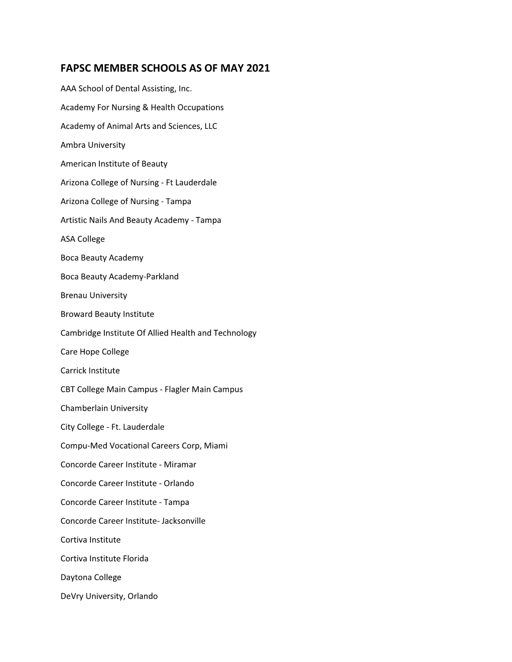 Fapsc Member Schools As of May 2021