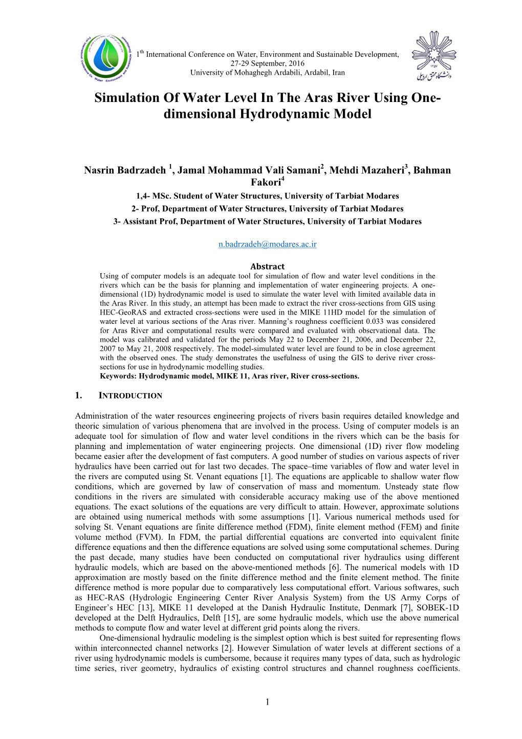 Simulation of Water Level in the Aras River Using One- Dimensional Hydrodynamic Model