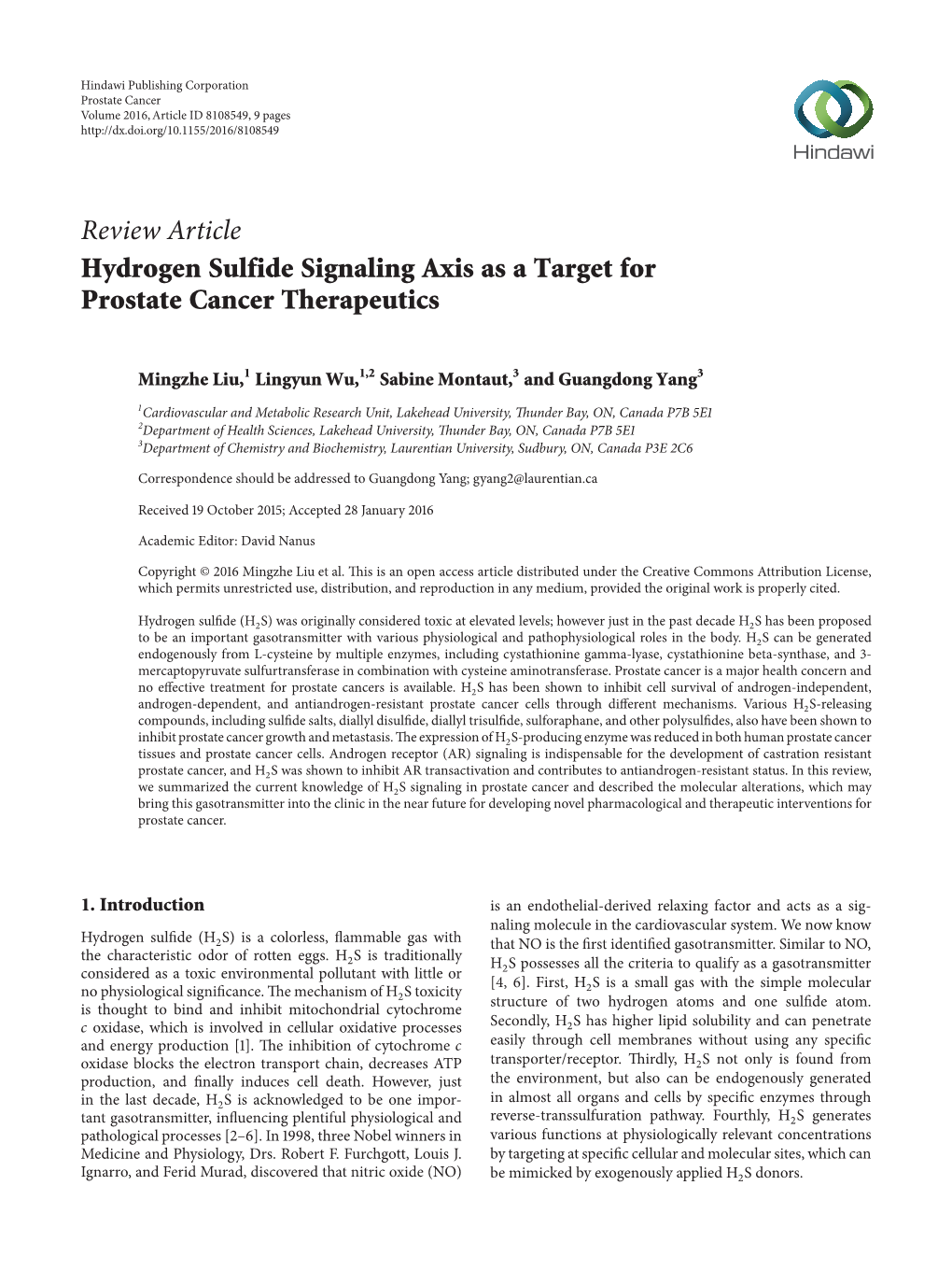 Hydrogen Sulfide Signaling Axis As a Target for Prostate Cancer Therapeutics