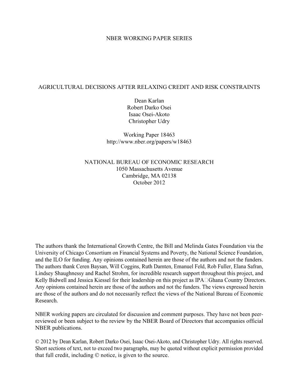 Nber Working Paper Series Agricultural Decisions