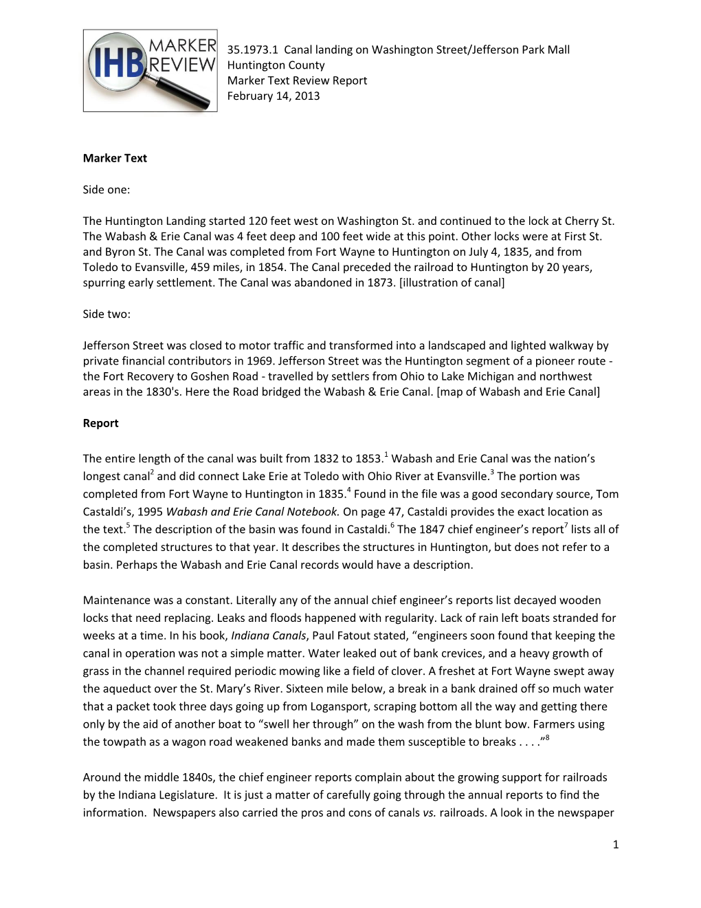 35.1973.1 Canal Landing on Washington Street/Jefferson Park Mall Huntington County Marker Text Review Report February 14, 2013