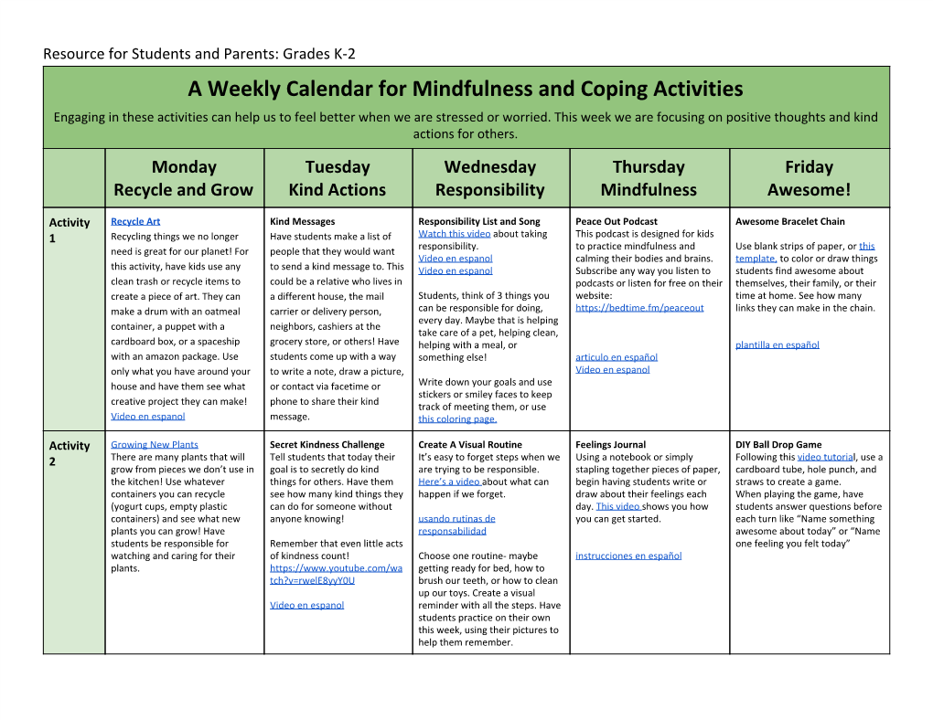 A Weekly Calendar for Mindfulness and Coping Activities