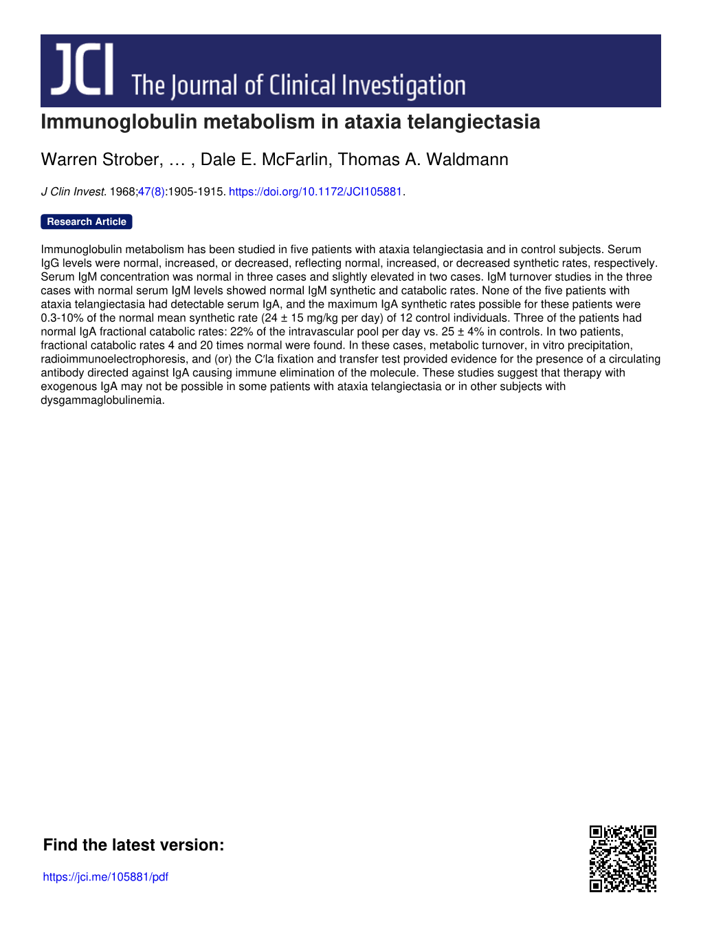 Immunoglobulin Metabolism in Ataxia Telangiectasia