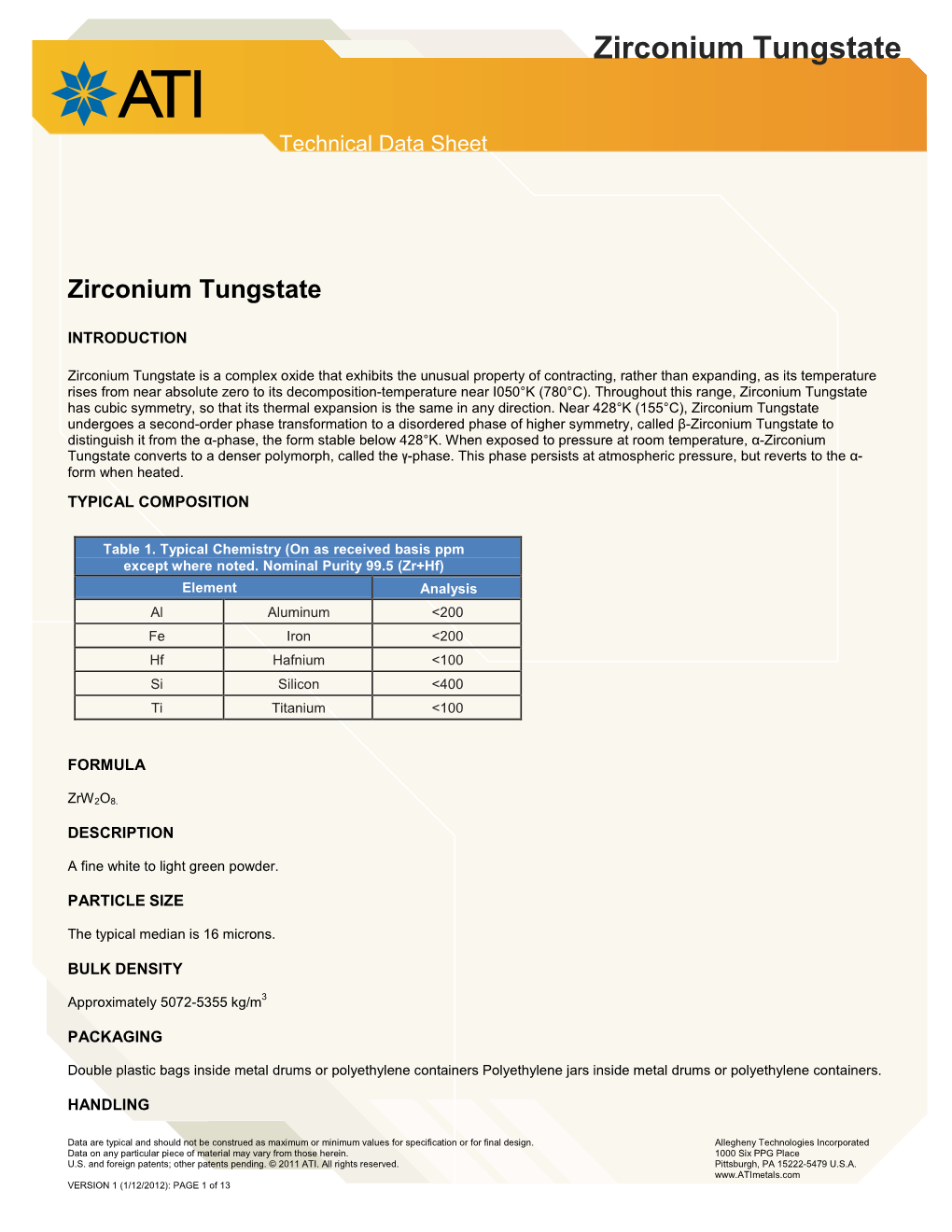 Zirconium Tungstate