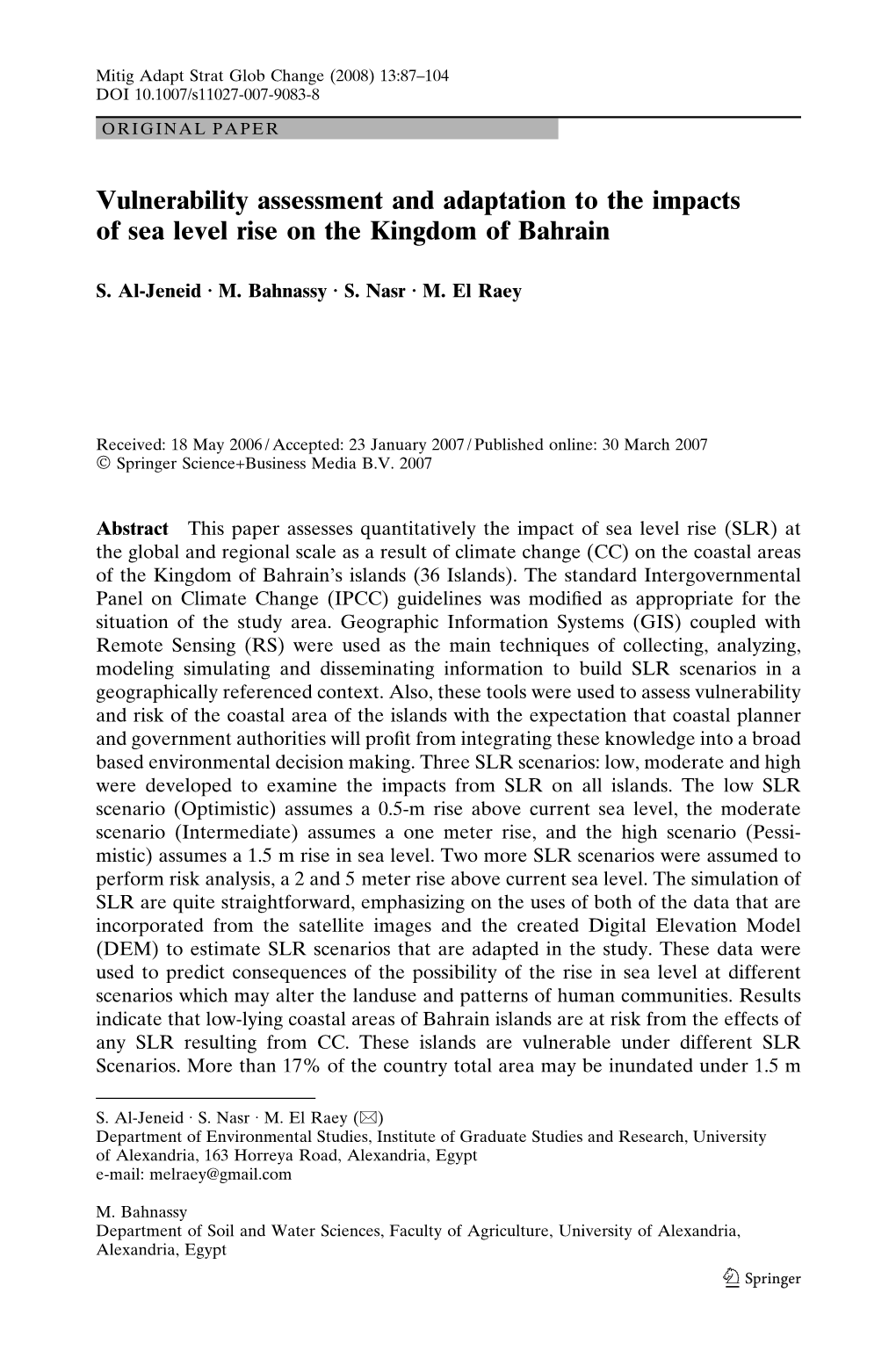 Vulnerability Assessment and Adaptation to the Impacts of Sea Level Rise on the Kingdom of Bahrain