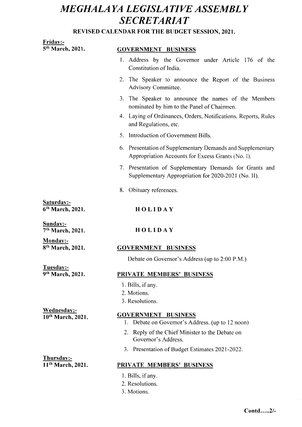 Meghala Ya Legisla Tive Assembl Y Secretariat Revised Calendar for the Budget Session, 2021