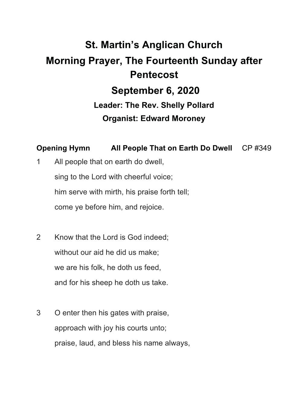 St. Martin's Anglican Church Morning Prayer, the Fourteenth