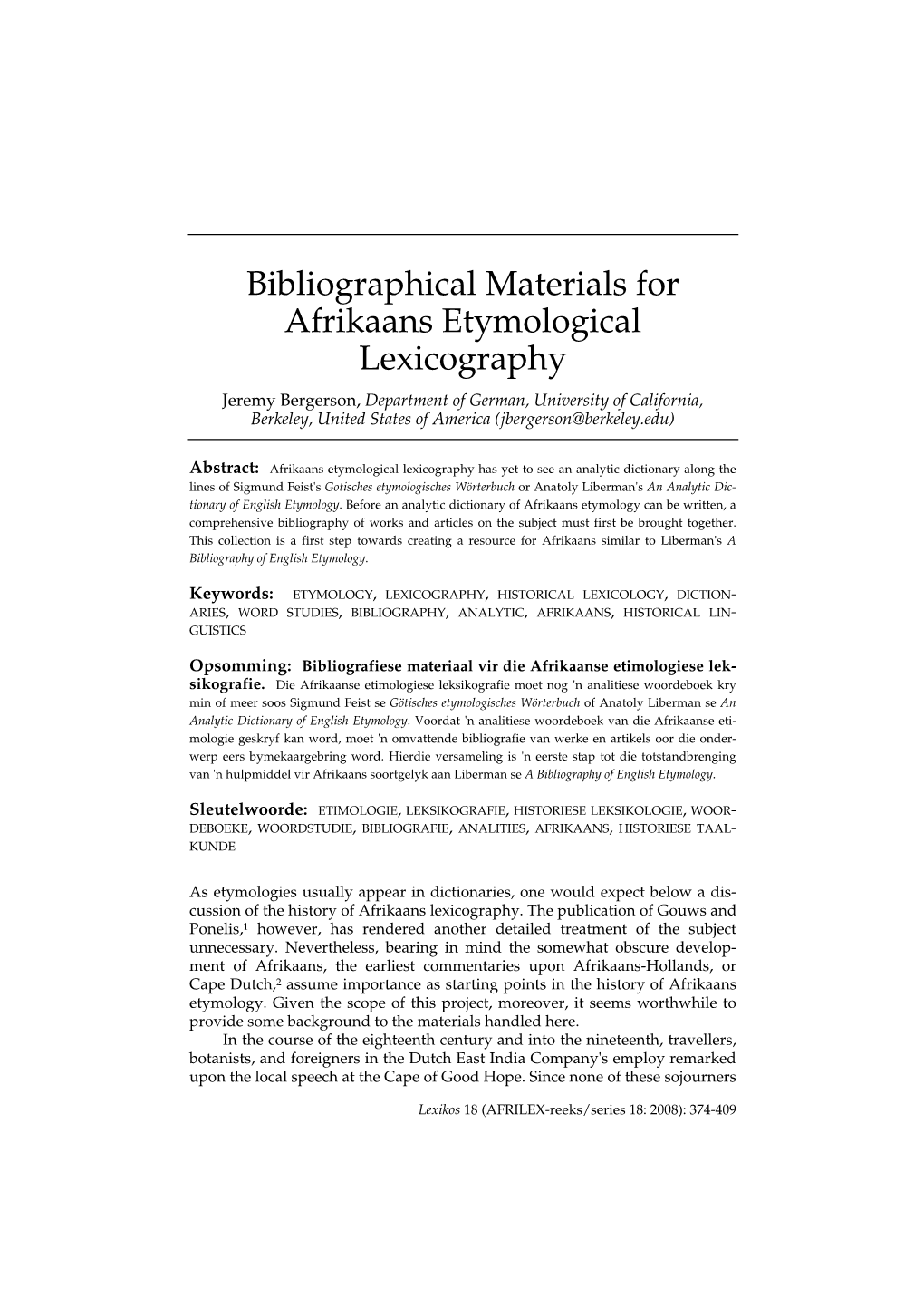 Bibliographical Materials for Afrikaans Etymological Lexicography