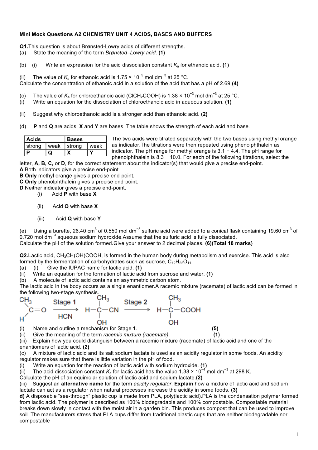 1 Mini Mock Questions A2 CHEMISTRY UNIT 4 ACIDS, BASES and BUFFERS Q1.This Question Is About Brønsted-Lowry Acids of Different