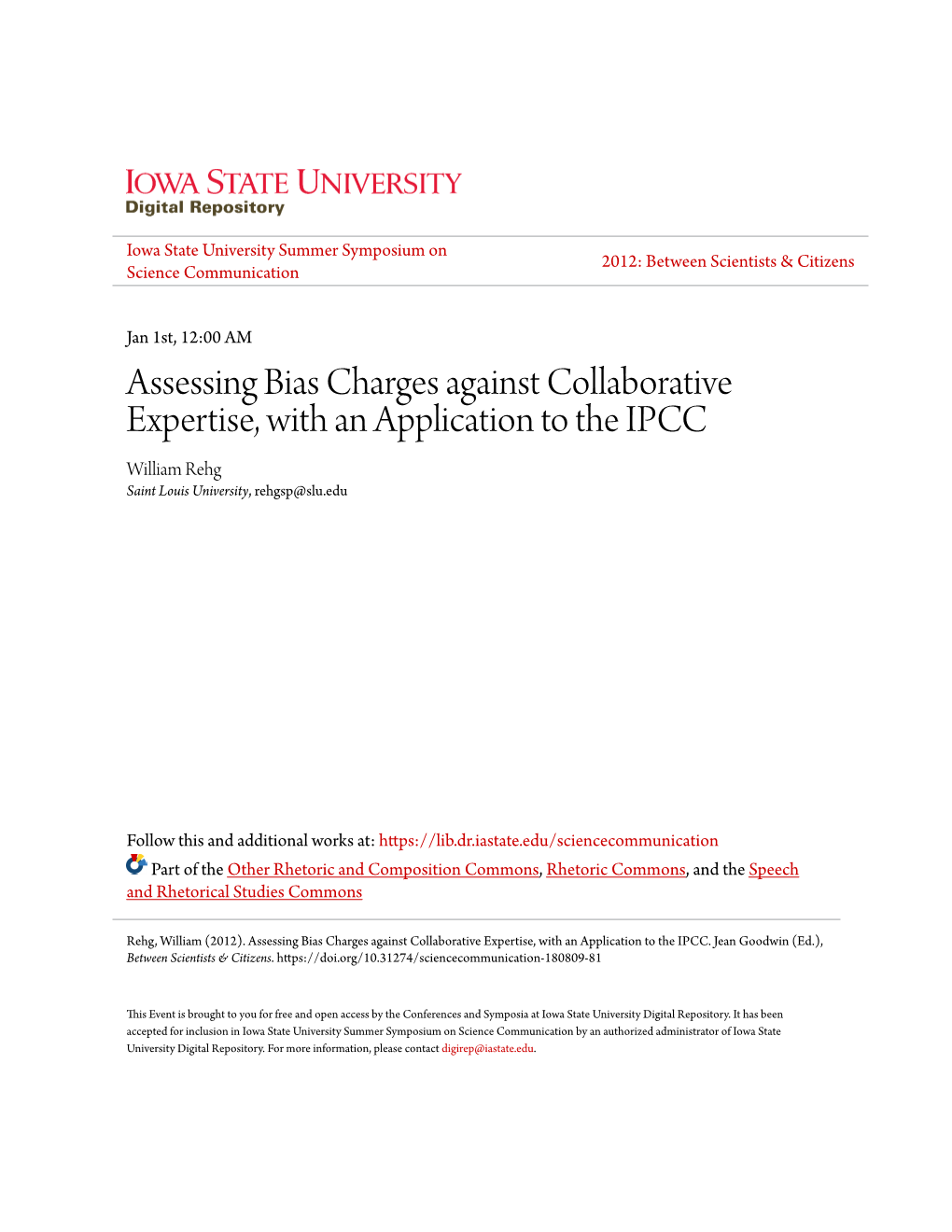 Assessing Bias Charges Against Collaborative Expertise, with an Application to the IPCC William Rehg Saint Louis University, Rehgsp@Slu.Edu