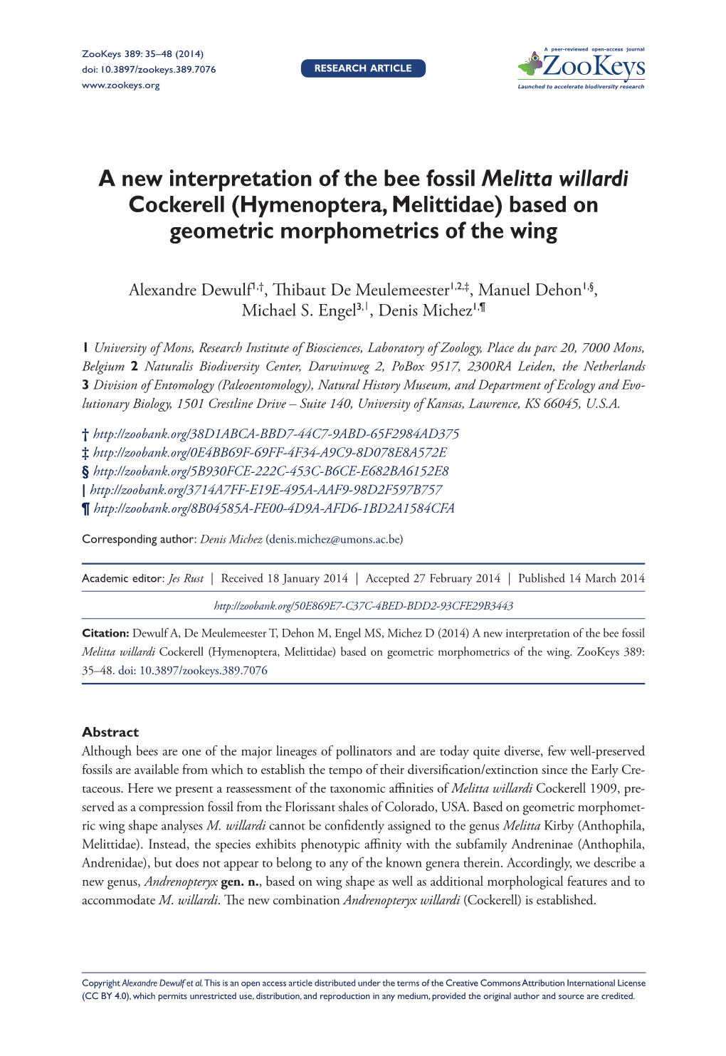 (Hymenoptera, Melittidae) Based on Geometric Morphometrics of the Wing